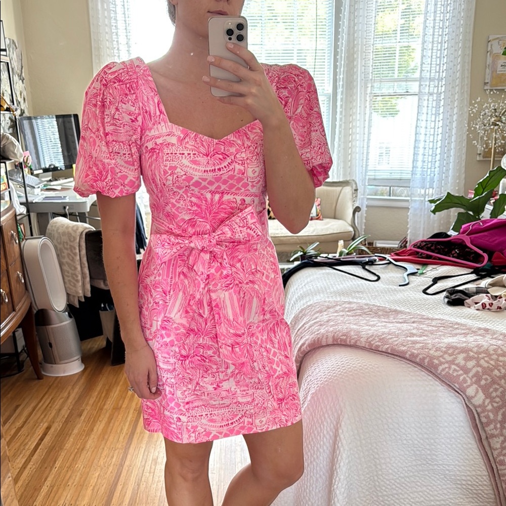 Lilly Pulitzer Pink and White Puff Sleeve Sundress